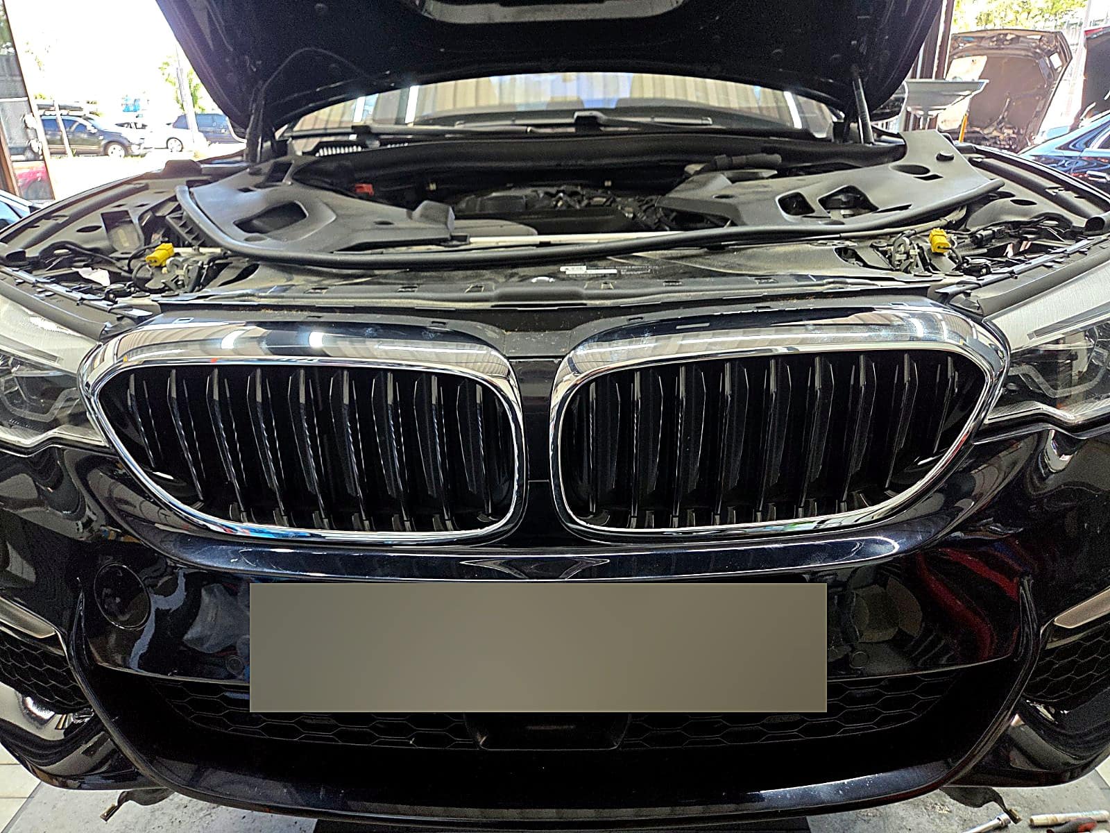 그릴 교환 후 크롬 테두리 그릴이 장착된 남색 BMW M550d xDrive 정면