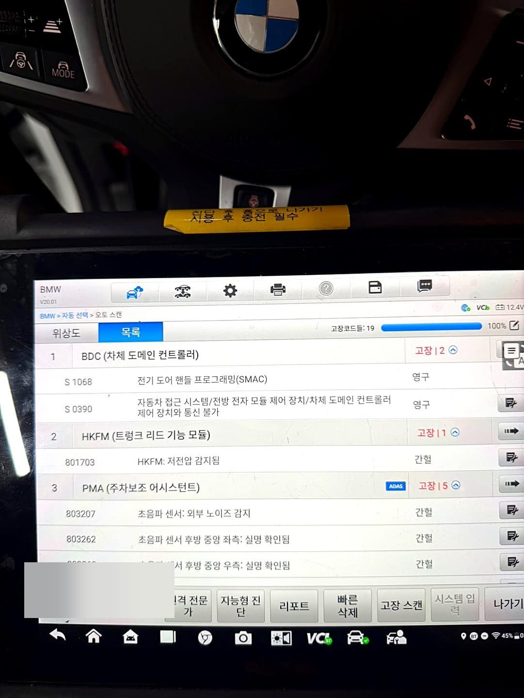 BMW X4 전 모듈 진단 스캔 화면, 차체 도메인 컨트롤러와 트렁크 리드 모듈 기록